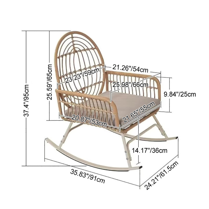 Chaise à bascule en alliage d'acier et tissu bohème contemporain avec dossier et accoudoirs en rotin PE pour salon 