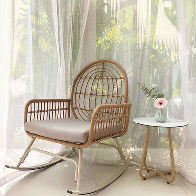 Zeitgenössischer Boho-Stoff Stahllegierung PE Rattan Webstuhl Schaukelstuhl Rückenlehne Armlehne für Wohnzimmer 