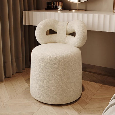 Taburete de tocador contemporáneo nórdico de crema con respaldo cilíndrico de lana de cordero de madera maciza sin brazos para dormitorio 