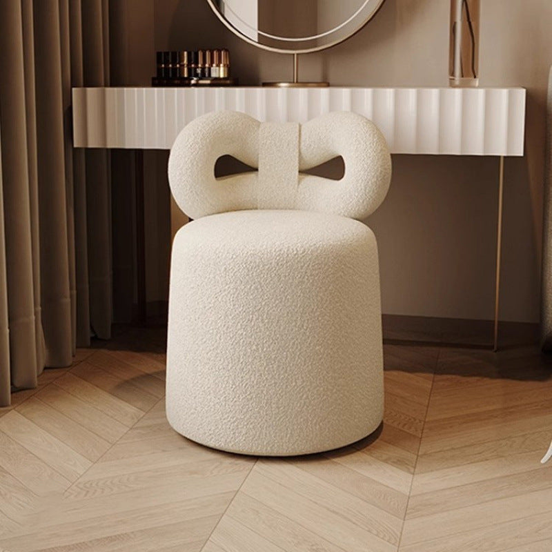Taburete de tocador contemporáneo nórdico de crema con respaldo cilíndrico de lana de cordero de madera maciza sin brazos para dormitorio 