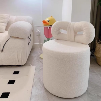 Taburete de tocador contemporáneo nórdico de crema con respaldo cilíndrico de lana de cordero de madera maciza sin brazos para dormitorio 