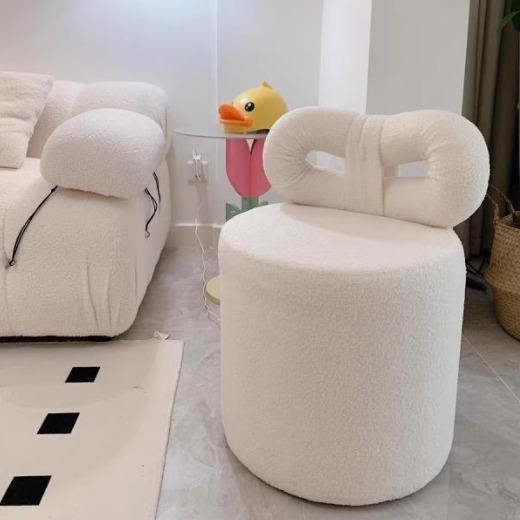 Taburete de tocador contemporáneo nórdico de crema con respaldo cilíndrico de lana de cordero de madera maciza sin brazos para dormitorio 
