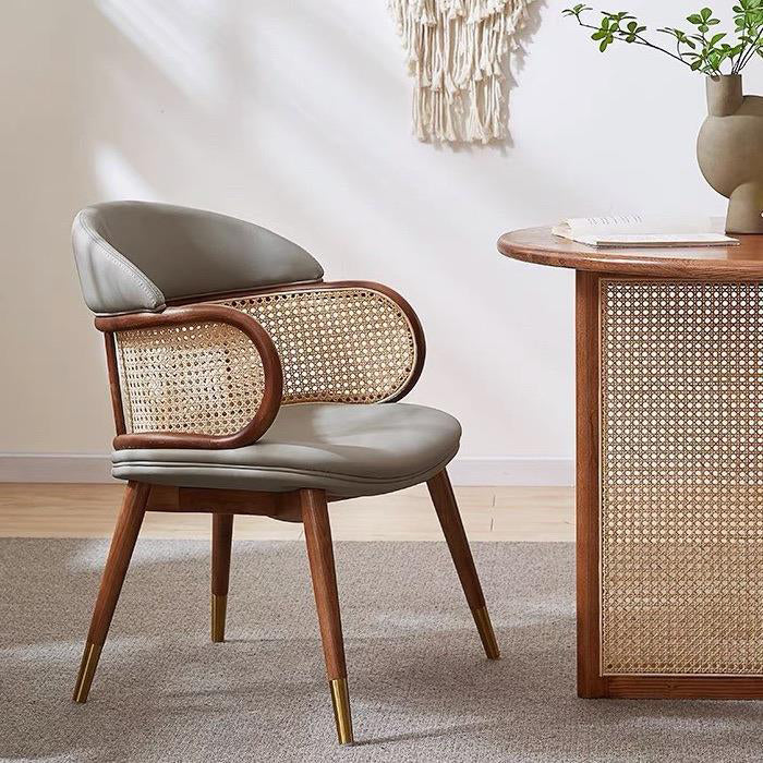Silla de comedor de cuero sintético con respaldo y reposabrazos para comedor, estilo tradicional japonés 