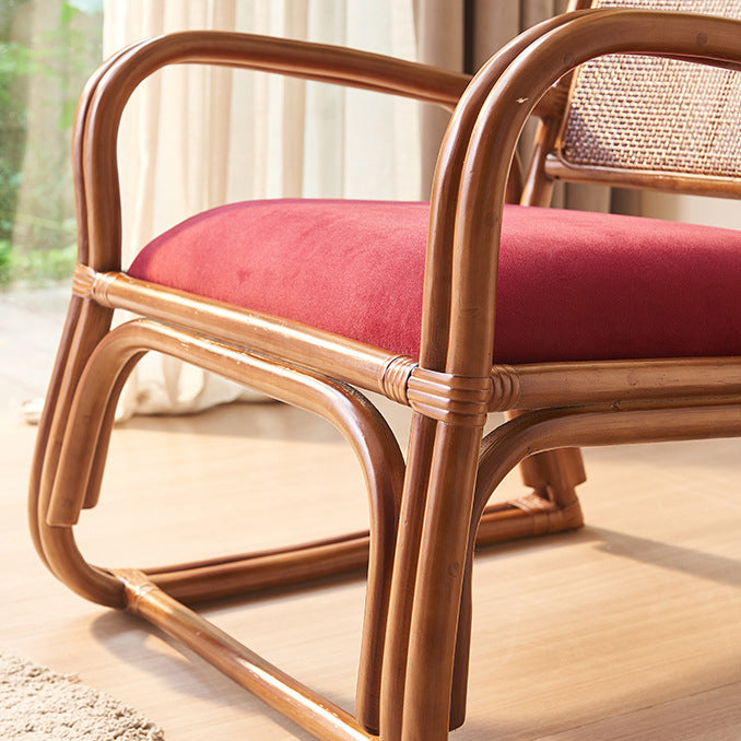 Traditioneller japanischer quadratischer Samt-Rattan-Webschaum-Akzentstuhl mit Rückenlehne und Armlehnen für das Wohnzimmer 
