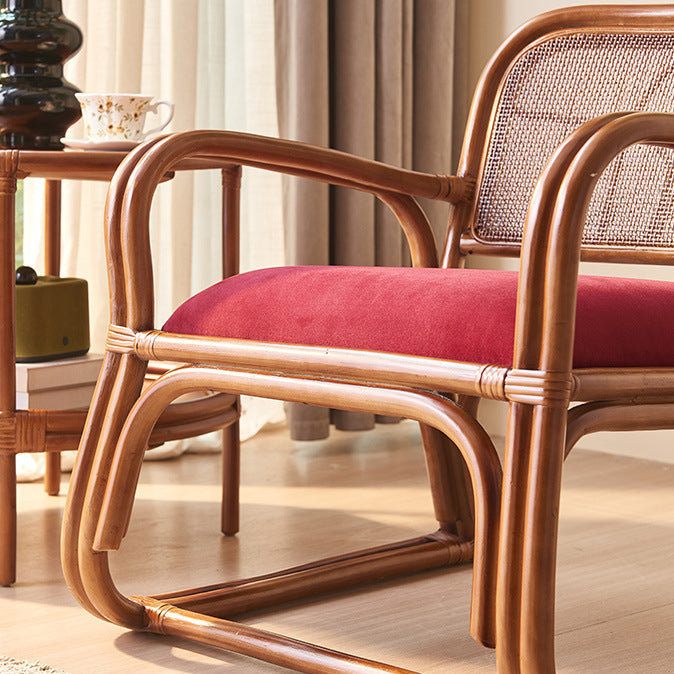 Traditioneller japanischer quadratischer Samt-Rattan-Webschaum-Akzentstuhl mit Rückenlehne und Armlehnen für das Wohnzimmer 