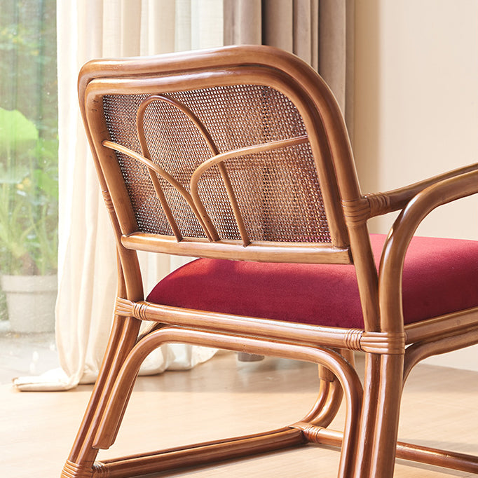 Traditioneller japanischer quadratischer Samt-Rattan-Webschaum-Akzentstuhl mit Rückenlehne und Armlehnen für das Wohnzimmer 