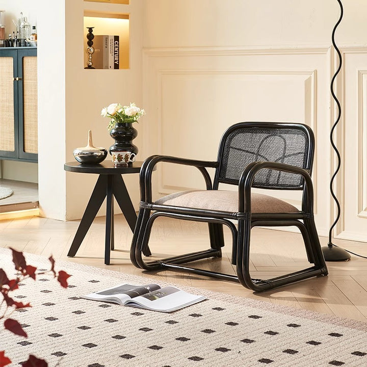 Traditioneller japanischer quadratischer Samt-Rattan-Webschaum-Akzentstuhl mit Rückenlehne und Armlehnen für das Wohnzimmer 