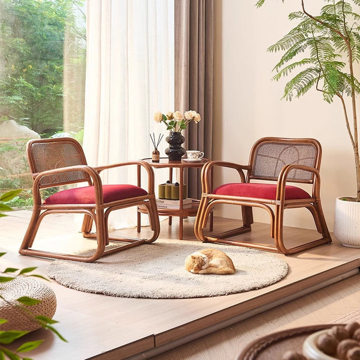 Traditioneller japanischer quadratischer Samt-Rattan-Webschaum-Akzentstuhl mit Rückenlehne und Armlehnen für das Wohnzimmer 