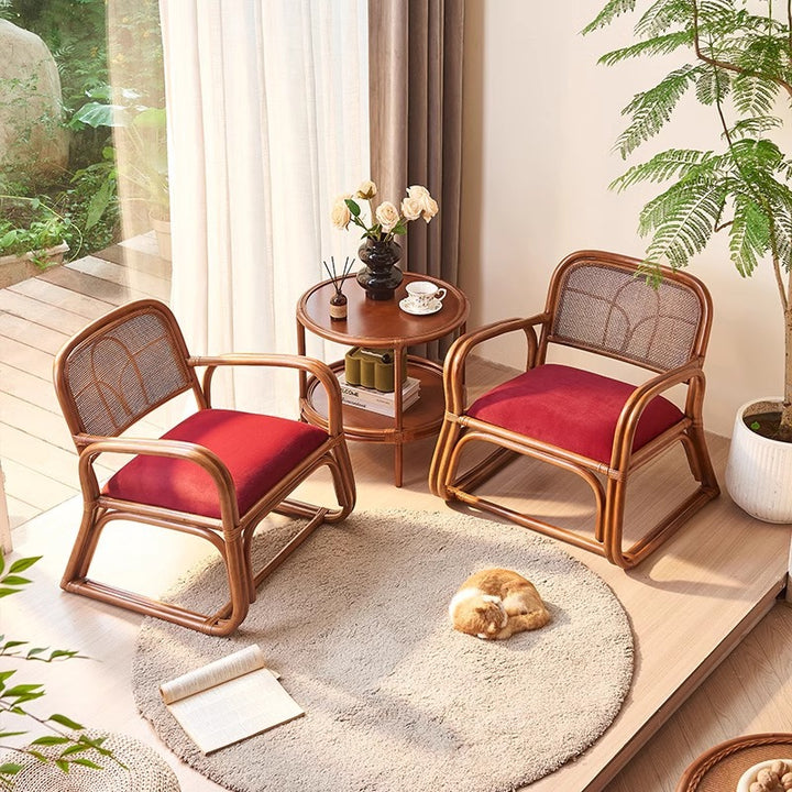Traditioneller japanischer quadratischer Samt-Rattan-Webschaum-Akzentstuhl mit Rückenlehne und Armlehnen für das Wohnzimmer 