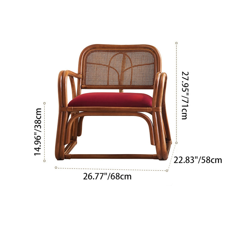 Traditioneller japanischer quadratischer Samt-Rattan-Webschaum-Akzentstuhl mit Rückenlehne und Armlehnen für das Wohnzimmer 