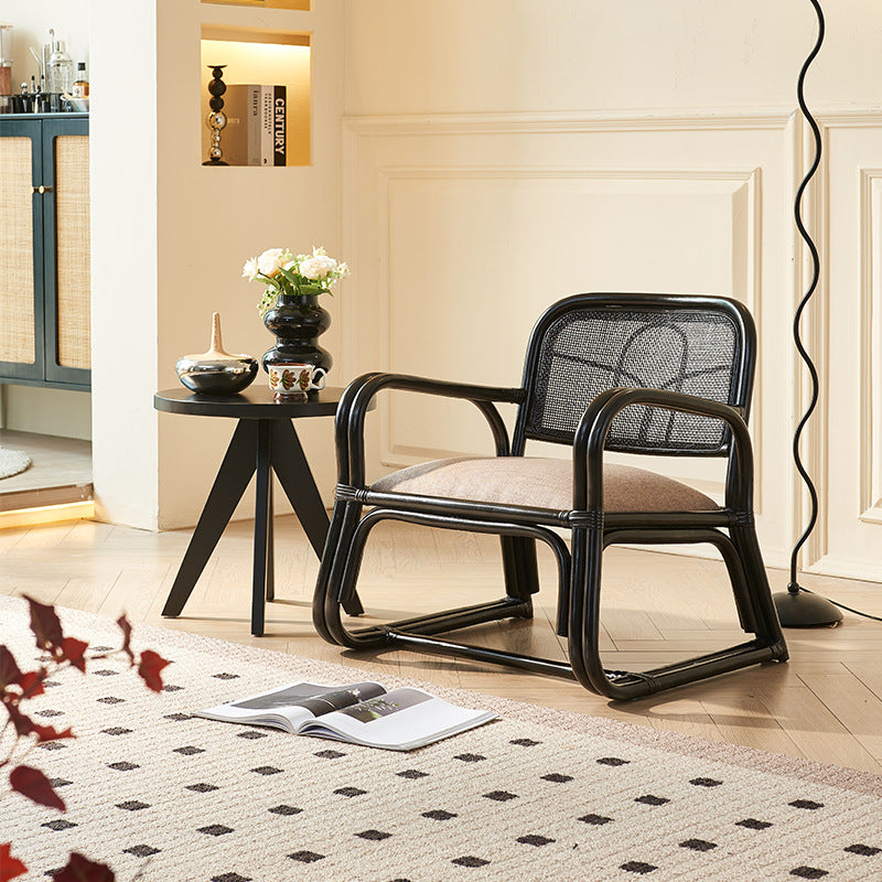Traditioneller japanischer quadratischer Samt-Rattan-Webschaum-Akzentstuhl mit Rückenlehne und Armlehnen für das Wohnzimmer 