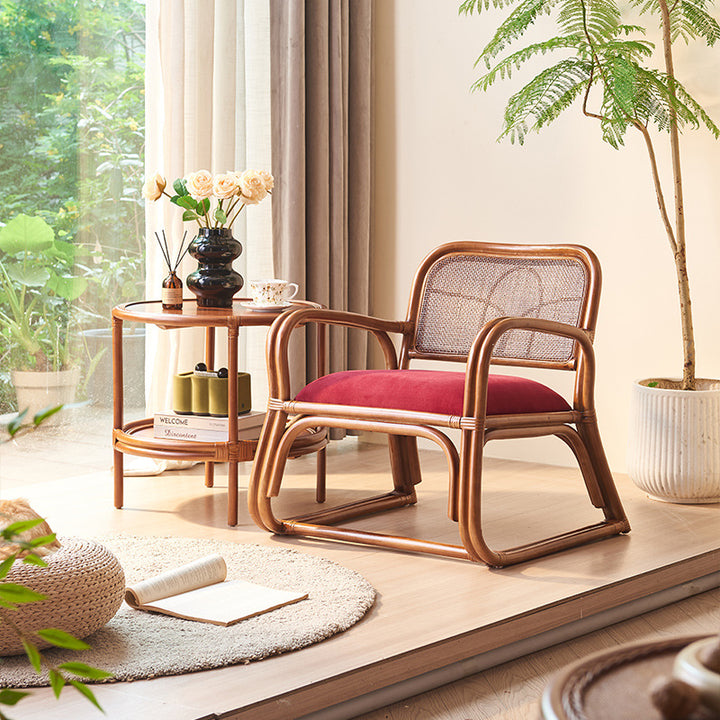 Traditioneller japanischer quadratischer Samt-Rattan-Webschaum-Akzentstuhl mit Rückenlehne und Armlehnen für das Wohnzimmer 