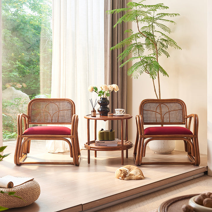 Traditioneller japanischer quadratischer Samt-Rattan-Webschaum-Akzentstuhl mit Rückenlehne und Armlehnen für das Wohnzimmer 