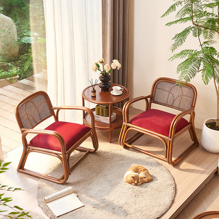 Traditioneller japanischer quadratischer Samt-Rattan-Webschaum-Akzentstuhl mit Rückenlehne und Armlehnen für das Wohnzimmer 