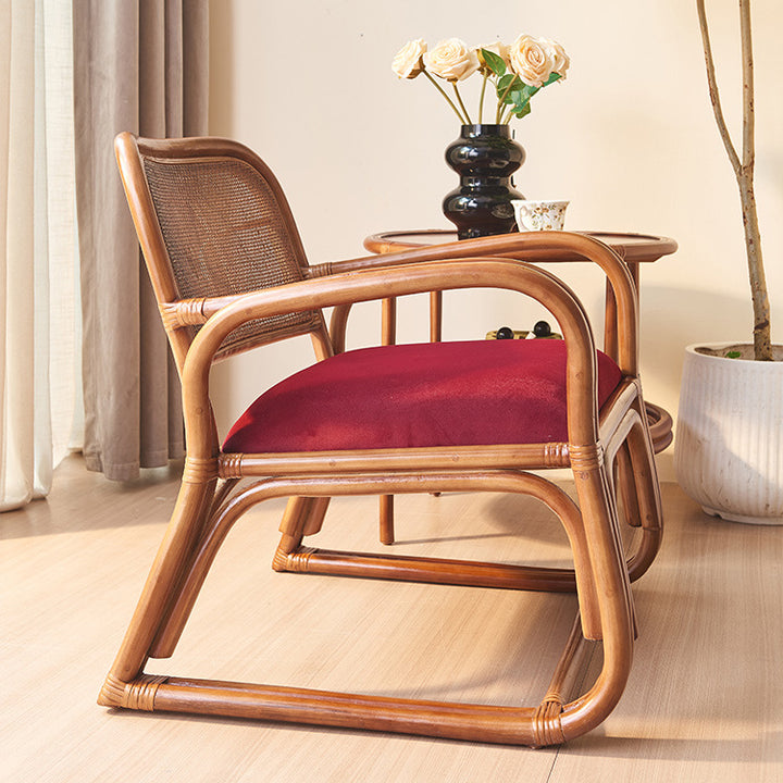 Traditioneller japanischer quadratischer Samt-Rattan-Webschaum-Akzentstuhl mit Rückenlehne und Armlehnen für das Wohnzimmer 