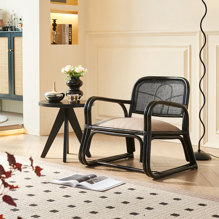 Traditioneller japanischer quadratischer Samt-Rattan-Webschaum-Akzentstuhl mit Rückenlehne und Armlehnen für das Wohnzimmer 