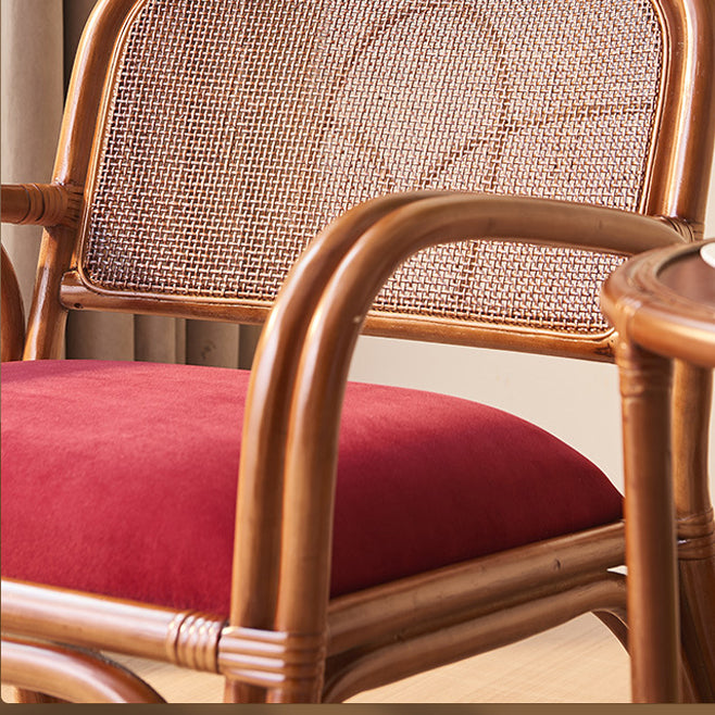 Traditioneller japanischer quadratischer Samt-Rattan-Webschaum-Akzentstuhl mit Rückenlehne und Armlehnen für das Wohnzimmer 