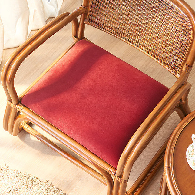 Traditioneller japanischer quadratischer Samt-Rattan-Webschaum-Akzentstuhl mit Rückenlehne und Armlehnen für das Wohnzimmer 