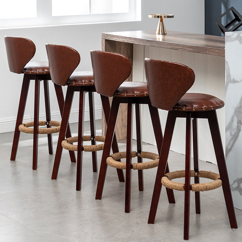 Taburete de bar contemporáneo escandinavo con arco redondo de cuero PU y madera maciza sin respaldo para comedor 