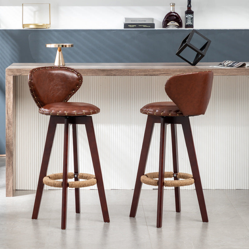 Taburete de bar contemporáneo escandinavo con arco redondo de cuero PU y madera maciza sin respaldo para comedor 