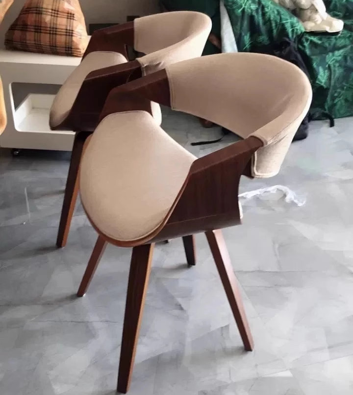 Chaise de salle à manger contemporaine nordique en bois cintré courbé, coton et lin, similicuir, avec dossier et accoudoirs, pour salle à manger 