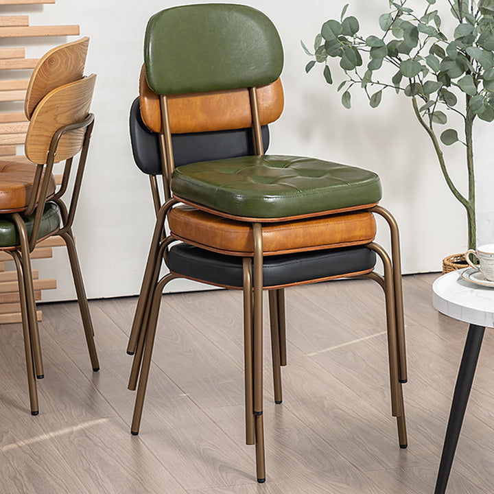 Traditional Rustic Square Arc Faux Oiled-Waxed Leather Pine Iron Dining Chair Backrest Armless For Dining Room