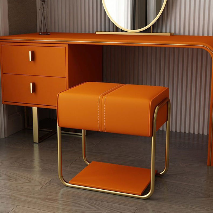 Moderner minimalistischer Schminkhocker aus Eisen, Kiefernholz, Latexschwamm und kratzfestem Leder, quadratisch, ohne Rückenlehne und Armlehnen, für das Schlafzimmer 