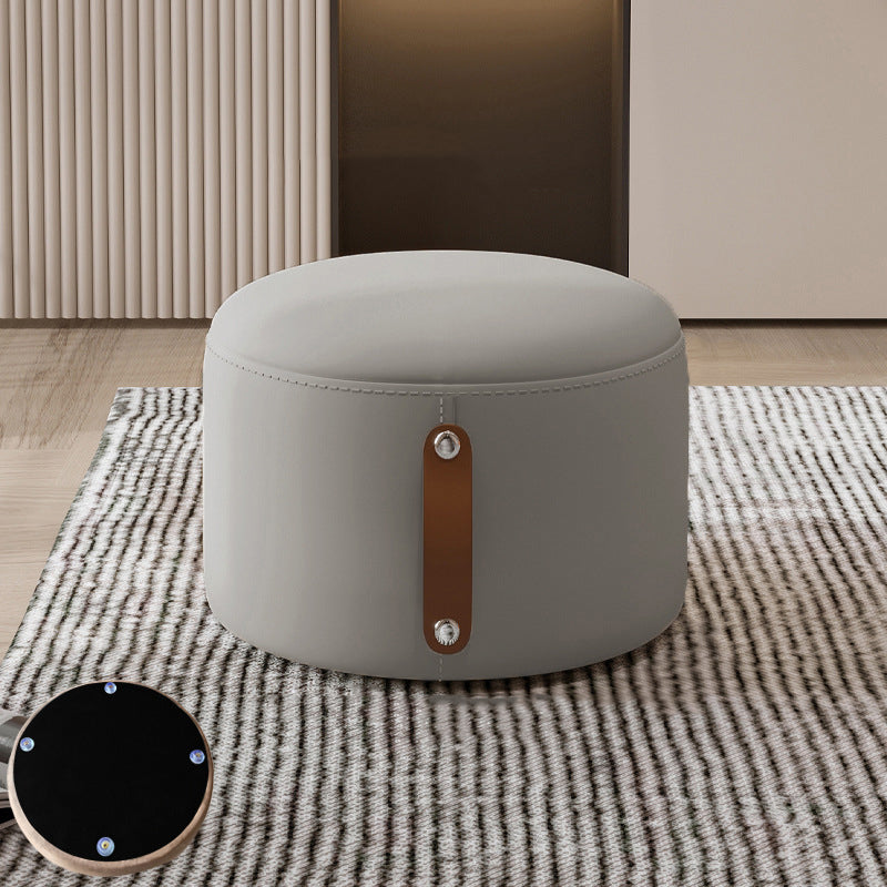 Contemporary Nordic Metal Rubber Wood Faux Leather Cylindrical Low Stool Backless Armless For Living Room