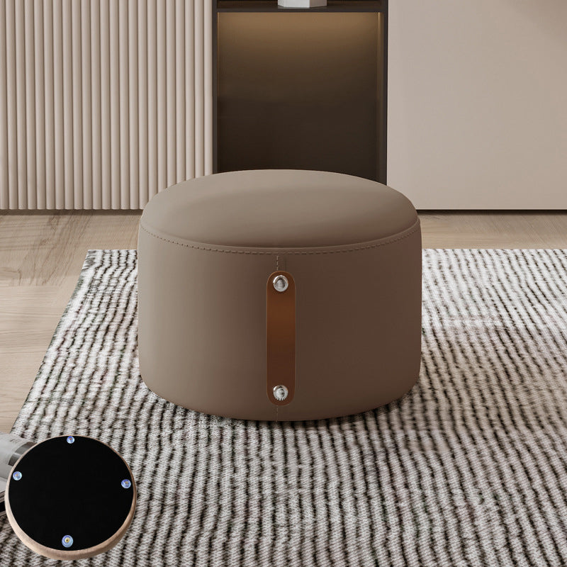 Contemporary Nordic Metal Rubber Wood Faux Leather Cylindrical Low Stool Backless Armless For Living Room