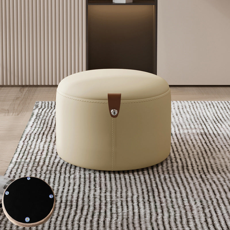 Contemporary Nordic Metal Rubber Wood Faux Leather Cylindrical Low Stool Backless Armless For Living Room