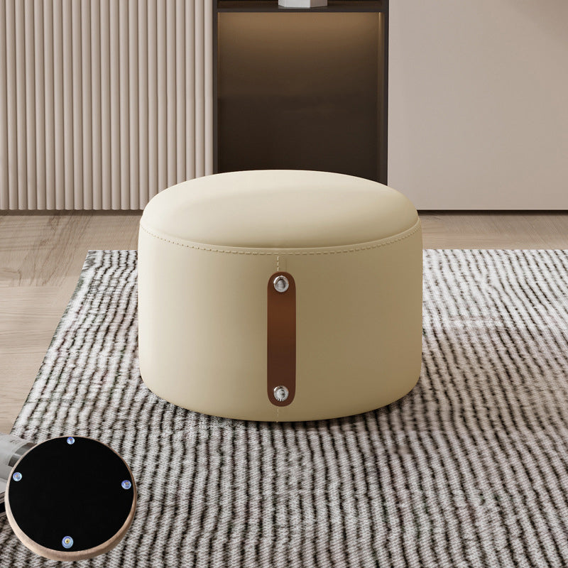 Contemporary Nordic Metal Rubber Wood Faux Leather Cylindrical Low Stool Backless Armless For Living Room