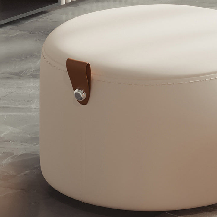 Zeitgenössischer nordischer niedriger Hocker aus Metall, Kautschukholz, Kratzleder und in zylindrischer Form ohne Rückenlehne und Armlehnen für das Wohnzimmer 
