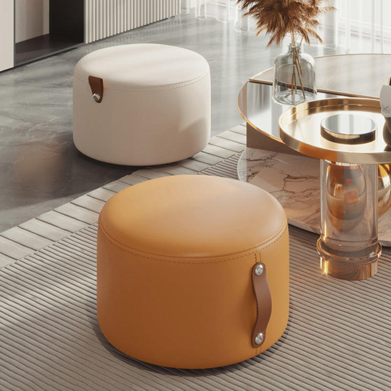 Contemporary Nordic Metal Rubber Wood Faux Leather Cylindrical Low Stool Backless Armless For Living Room