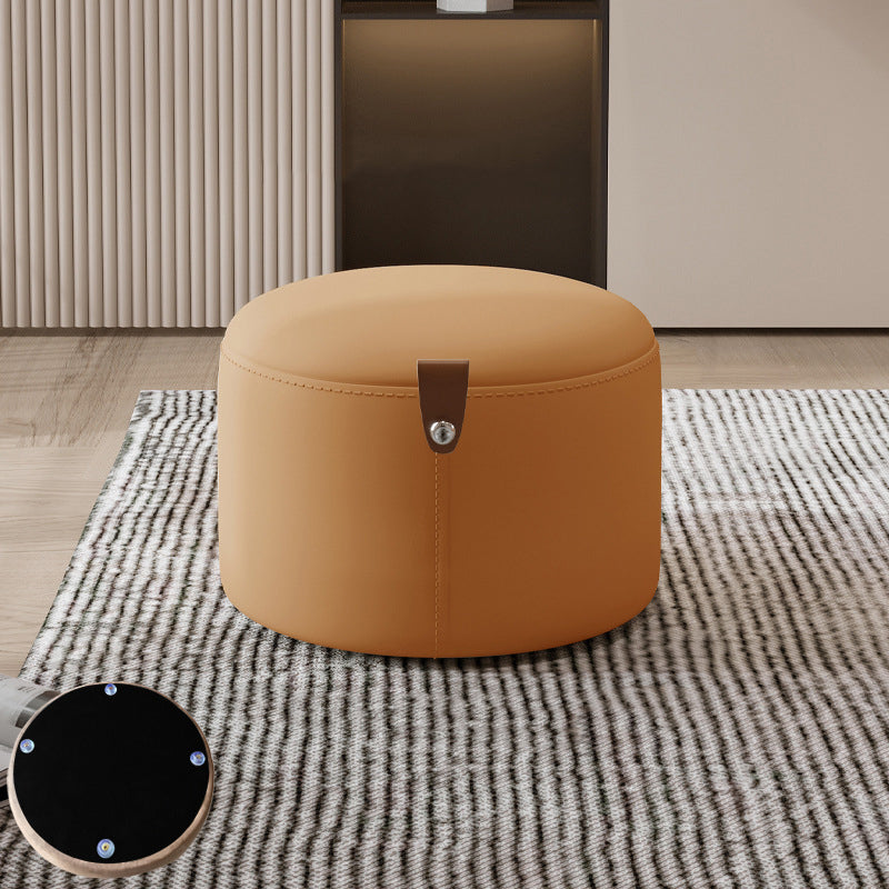 Contemporary Nordic Metal Rubber Wood Faux Leather Cylindrical Low Stool Backless Armless For Living Room