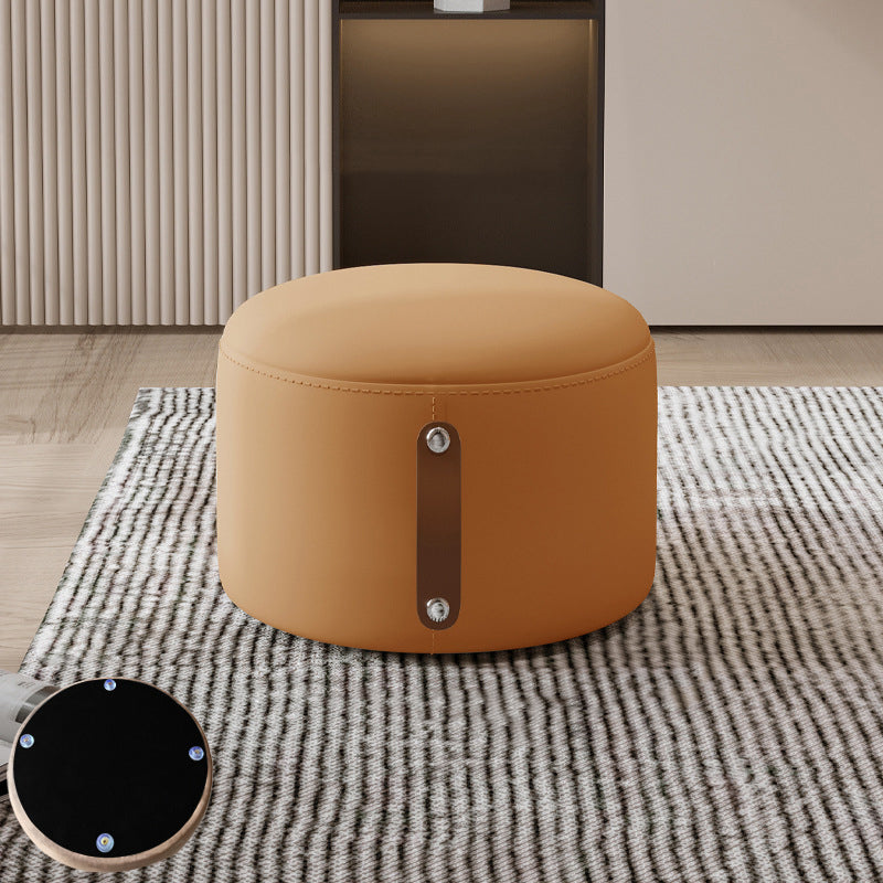 Contemporary Nordic Metal Rubber Wood Faux Leather Cylindrical Low Stool Backless Armless For Living Room