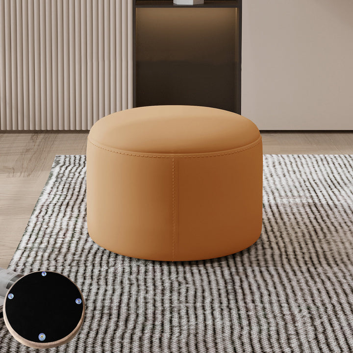 Zeitgenössischer nordischer niedriger Hocker aus Metall, Kautschukholz, Kratzleder und in zylindrischer Form ohne Rückenlehne und Armlehnen für das Wohnzimmer 