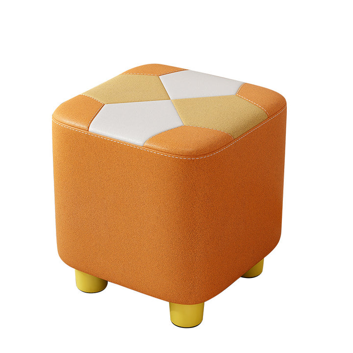 Modern Minimalist Square Geometric Patchwork Pattern Solid Wood Synthetic Fabric Sponge Low Stool Backless Armless For Living Room