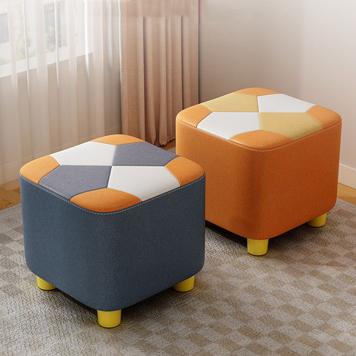 Modern Minimalist Square Geometric Patchwork Pattern Solid Wood Synthetic Fabric Sponge Low Stool Backless Armless For Living Room