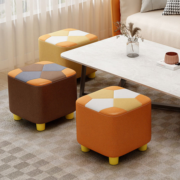 Modern Minimalist Square Geometric Patchwork Pattern Solid Wood Synthetic Fabric Sponge Low Stool Backless Armless For Living Room