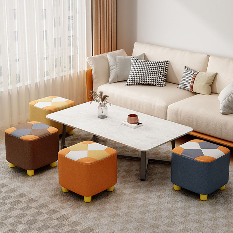 Modern Minimalist Square Geometric Patchwork Pattern Solid Wood Synthetic Fabric Sponge Low Stool Backless Armless For Living Room
