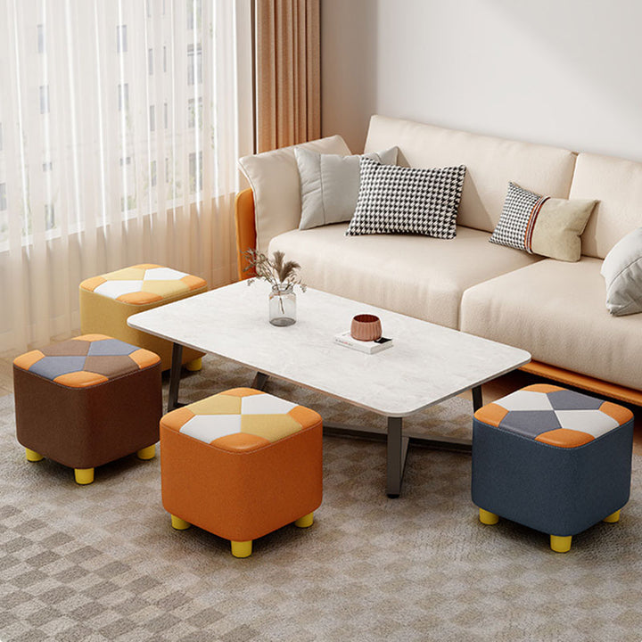 Modern Minimalist Square Geometric Patchwork Pattern Solid Wood Synthetic Fabric Sponge Low Stool Backless Armless For Living Room