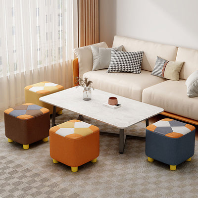 Modern Minimalist Square Geometric Patchwork Pattern Solid Wood Tech Fabric Sponge Low Stool Backless Armless For Living Room