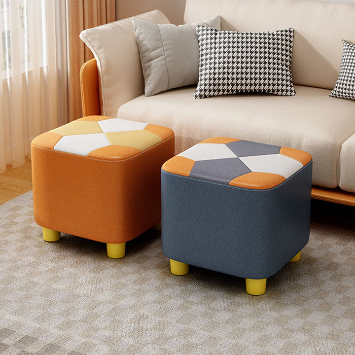Modern Minimalist Square Geometric Patchwork Pattern Solid Wood Synthetic Fabric Sponge Low Stool Backless Armless For Living Room