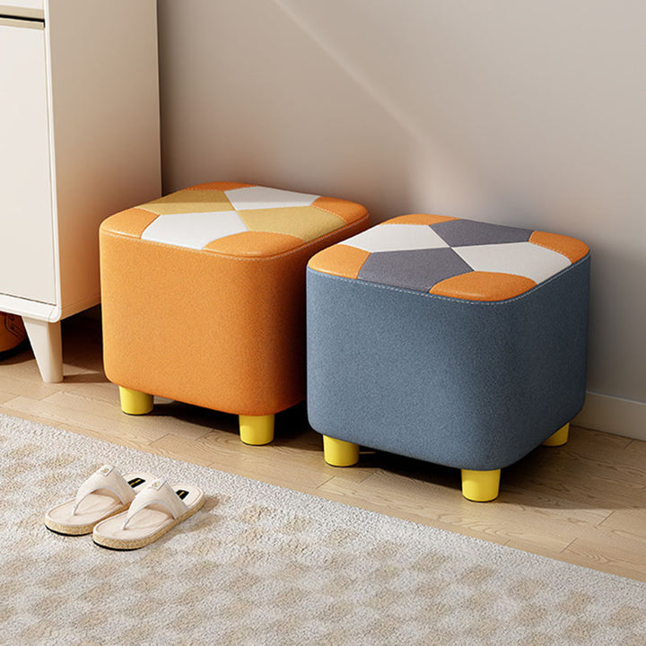 Modern Minimalist Square Geometric Patchwork Pattern Solid Wood Synthetic Fabric Sponge Low Stool Backless Armless For Living Room