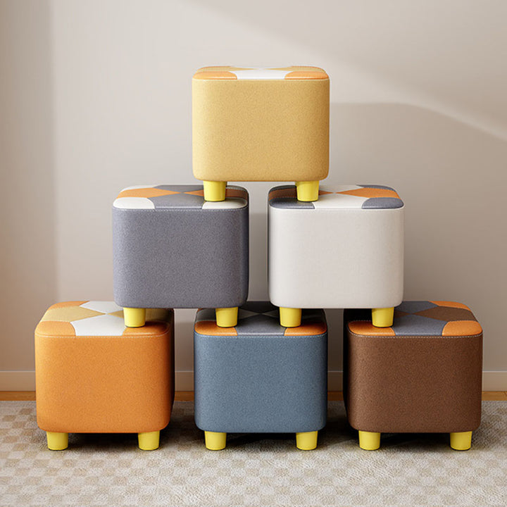 Modern Minimalist Square Geometric Patchwork Pattern Solid Wood Synthetic Fabric Sponge Low Stool Backless Armless For Living Room