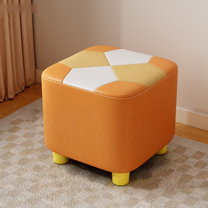 Modern Minimalist Square Geometric Patchwork Pattern Solid Wood Synthetic Fabric Sponge Low Stool Backless Armless For Living Room