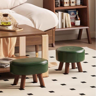 Traditional Vintage Four-Leaf Clover-Shaped Oval Oil Wax Leather Solid Wood Sponge Low Stool Backless Armless For Living Room