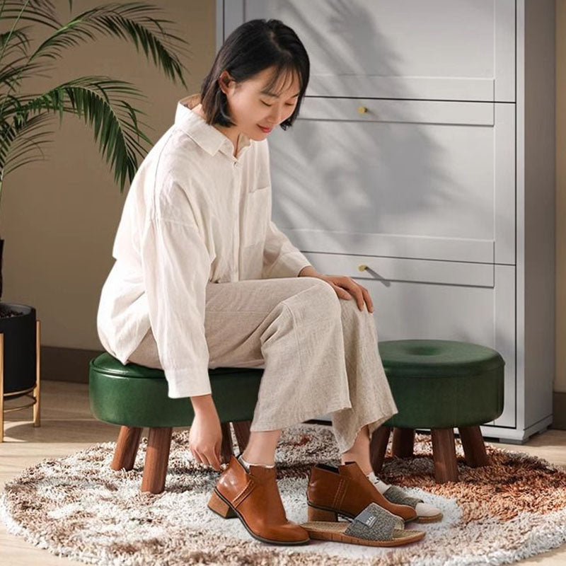 Traditional Vintage Four-Leaf Clover-Shaped Oval Oil Wax Leather Solid Wood Sponge Low Stool Backless Armless For Living Room