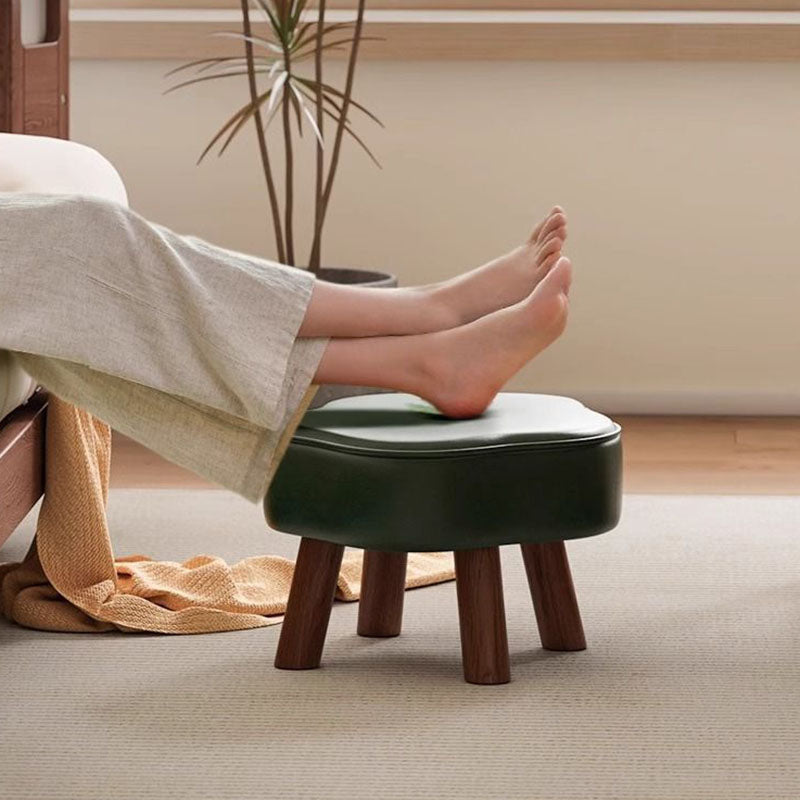 Traditional Vintage Four-Leaf Clover-Shaped Oval Oil Wax Leather Solid Wood Sponge Low Stool Backless Armless For Living Room