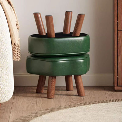 Traditional Vintage Four-Leaf Clover-Shaped Oval Oil Wax Leather Solid Wood Sponge Low Stool Backless Armless For Living Room